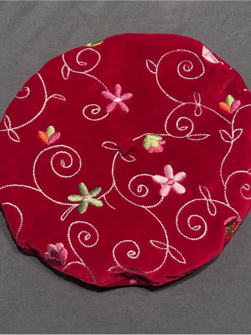 Vintage Y2K The Children’s Place Red Velvet Embroidered Floral Beret Hat